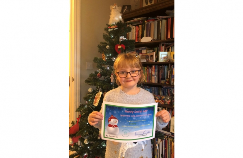 Crawley MP congratulates 2018 Christmas Card Competition champion