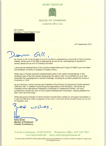 Henry Smith MP letter to Three Bridges Forum on Dame Caroline Haslett