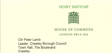 Henry Smith MP letter to Leader of Crawley Borough Council on homelessness support